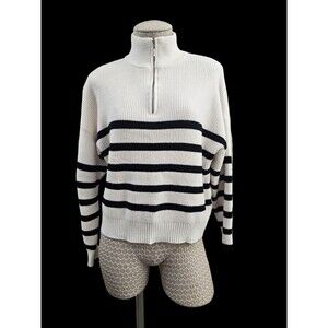 ALK Women's M Elie Tahari 1/4 Zip Black & White Striped Sweater Pullover SOFT!